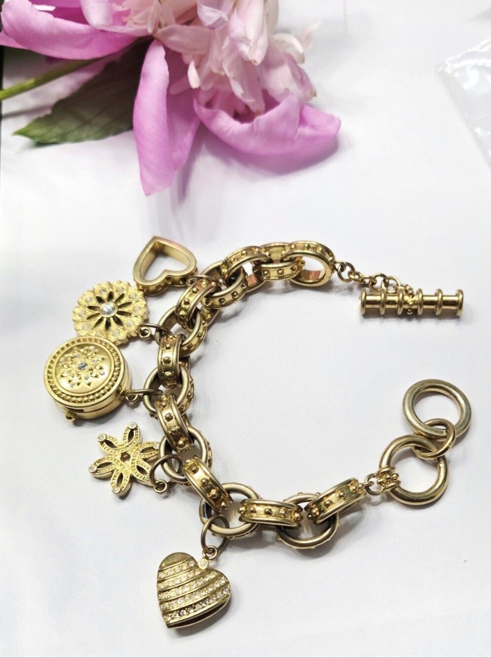 Anne Klein Vintage Gold Tone Charm Bracelet with Heart Watch & Floral Charms - Picture 2 of 15
